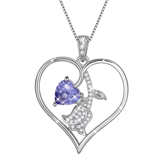 Fasjewly 18K White Gold Plated Birthstone Heart Necklace for Women,CZ Heart Pendant with Tulip Floral,Jewelry Gift for Her Wife Mom Girlfriend, Birthday Valentine’s Day Mother’s Day Christmas Gift