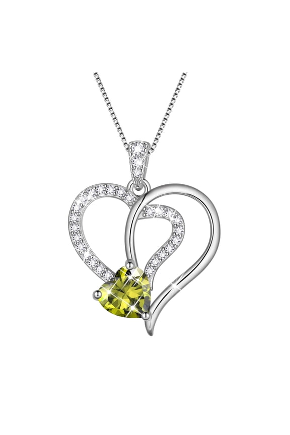 18K White Gold Plated Heart Necklace for Women,CZ Heart August Peridot Birthstone Pendant Jewelry Gift for Wife Mom Girlfriend,Valentine's Day Mother's Day Birthday Anniversary Gift