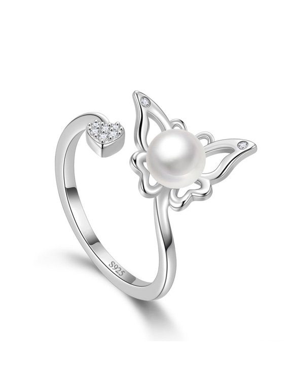 6mm Natural Pearl Butterfly Ring,925 Sterling Silver Butterflies Adjustable Open Rings Band Birthday Anniversary Christmas Jewelry Gifts for Women / Wife / Lovers / Mom