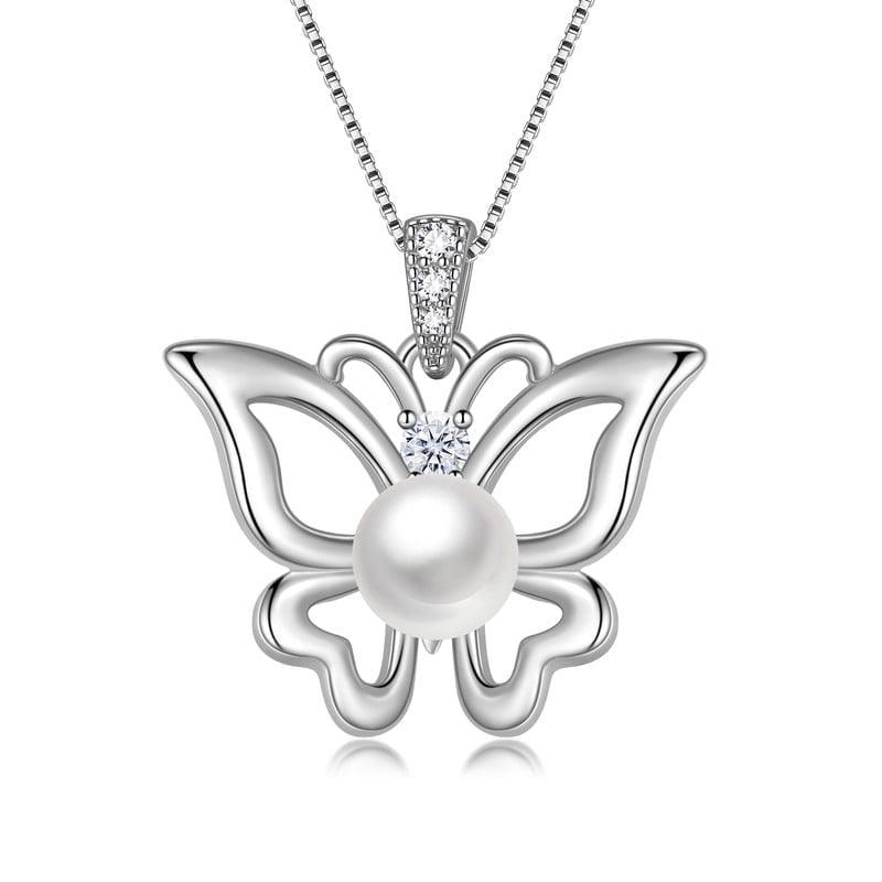 Fasjewly 6mm Natural Pearl Necklace,925 Sterling Silver Butterfly Pendant Necklace Birthday Anniversary Christmas Jewelry Gifts for Women / Wife / Lovers