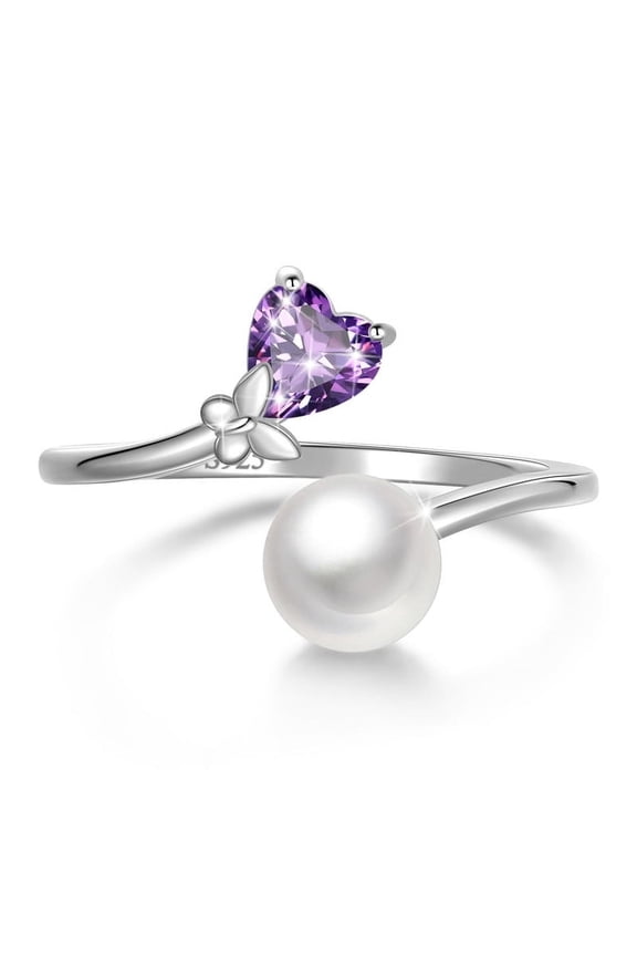 7mm Natural Pearl Heart Ring,925 Sterling Silver Heart Birthstone Butterfly Adjustable Open Rings Birthday Anniversary Christmas Jewelry Gifts for Women / Wife / Lovers