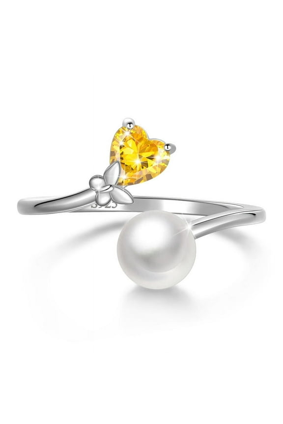 7mm Natural Pearl Heart Ring,925 Sterling Silver Heart Birthstone Butterfly Adjustable Open Rings Birthday Anniversary Christmas Jewelry Gifts for Women / Wife / Lovers