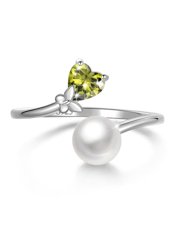 7mm Natural Pearl Heart Ring,925 Sterling Silver Heart Birthstone Butterfly Adjustable Open Rings Birthday Anniversary Christmas Jewelry Gifts for Women / Wife / Lovers