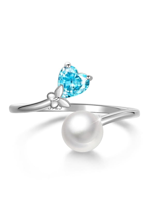 7mm Natural Pearl Heart Ring,925 Sterling Silver Heart Birthstone Butterfly Adjustable Open Rings Birthday Anniversary Christmas Jewelry Gifts for Women / Wife / Lovers
