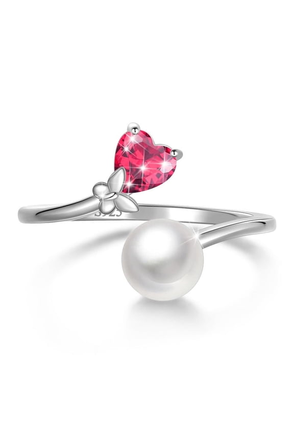 7mm Natural Pearl Heart Ring,925 Sterling Silver Heart Birthstone Butterfly Adjustable Open Rings Birthday Anniversary Christmas Jewelry Gifts for Women / Wife / Lovers