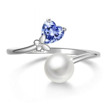 Fasjewly 7mm Natural Pearl Heart Ring,925 Sterling Silver Heart Birthstone Butterfly Adjustable Open Rings Birthday Anniversary Christmas Jewelry Gifts for Women / Wife / Lovers