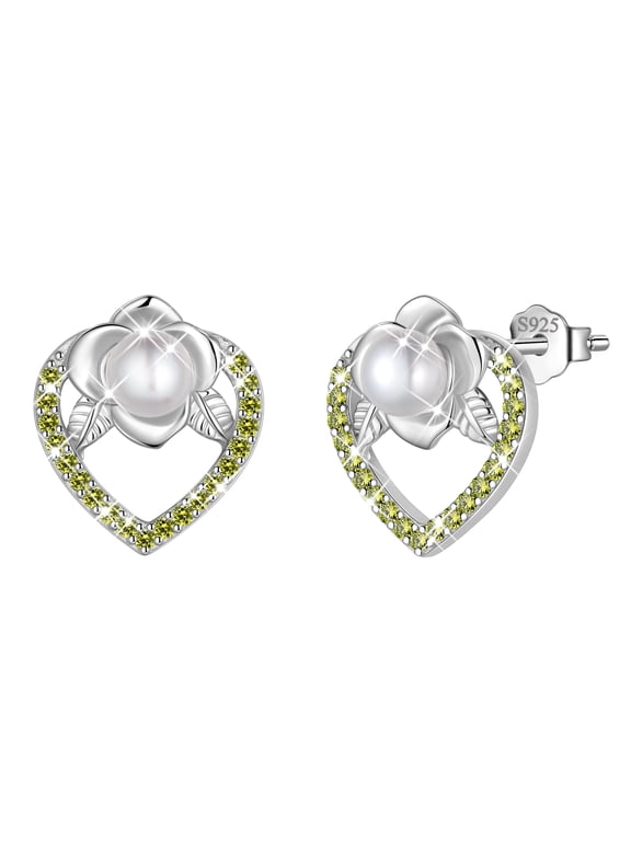 925 Sterling Silver August Peridot Birthstone Earrings for Women, Pearl Bow Dangle Stud Earrings, Birthday Jewelry Gift for Her,Mom,Daughter