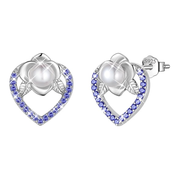 Fasjewly 925 Sterling Silver December Blue Tanzanite Birthstone Earrings for Women, Pearl Bow Dangle Stud Earrings, Birthday Jewelry Gift for Her,Mom,Daughter