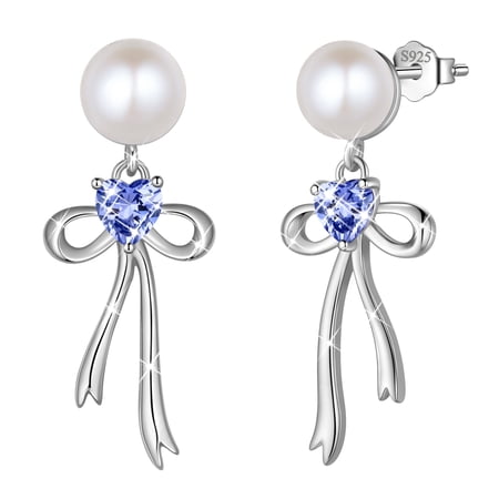 Fasjewly 925 Sterling Silver December Blue Tanzanite Birthstone Earrings for Women, Pearl Bow Dangle Stud Earrings, Birthday Jewelry Gift for Her,Mom,Daughter