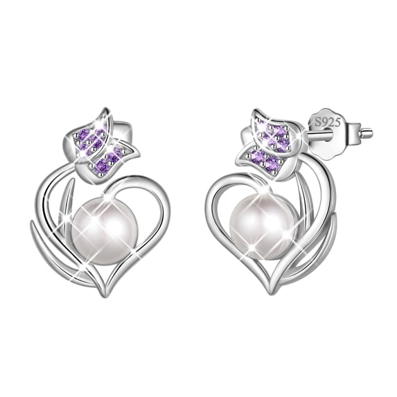 Fasjewly S925 Sterling Silver Heart Stud Earrings for Women,February Amethyst Birthstone Earring Jewelry Gift for Her,Tulip Earrings for Wife Mom Girlfriend,Birthday Valentine’s Day Mother's Day Gift