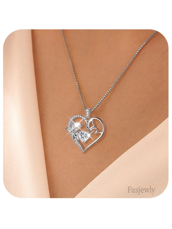 925 Sterling Silver Flower Heart Birthstone Necklace,Butterfly and Iris Pearl Pendant Necklace Birthday Valentine's Day Christmas Jewelry Gifts for Women / Mom / Lovers