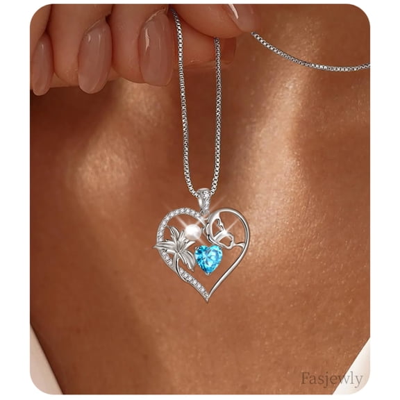 Fasjewly 925 Sterling Silver Flower Heart Birthstone Necklace,Butterfly and Iris Pearl Pendant Necklace Birthday Valentine's Day Christmas Jewelry Gifts for Women / Mom / Lovers