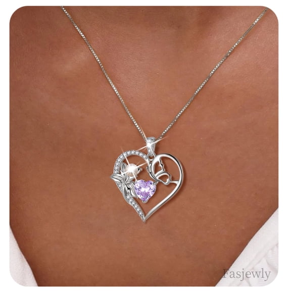 Fasjewly 925 Sterling Silver Flower Heart Birthstone Necklace,Butterfly and Iris Pearl Pendant Necklace Birthday Valentine's Day Christmas Jewelry Gifts for Women / Mom / Lovers