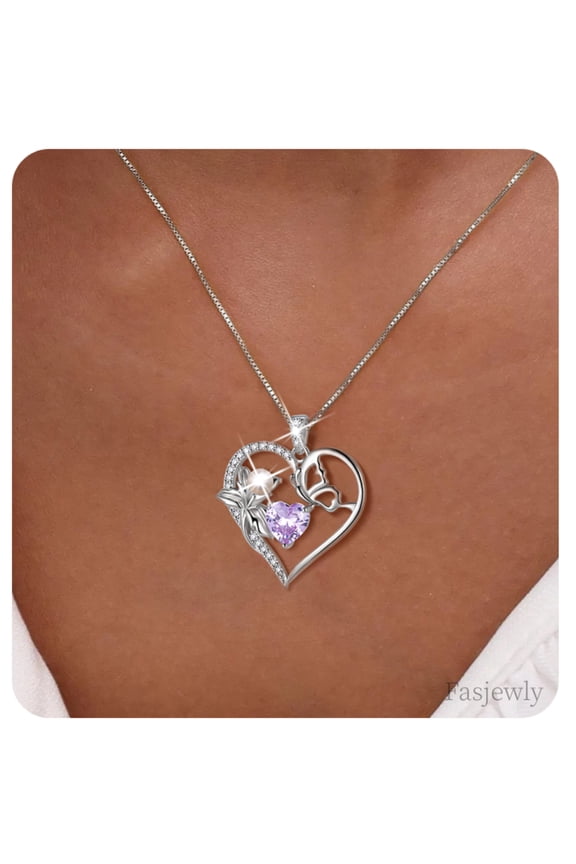 925 Sterling Silver Flower Heart Birthstone Necklace,Butterfly and Iris Pearl Pendant Necklace Birthday Valentine's Day Christmas Jewelry Gifts for Women / Mom / Lovers