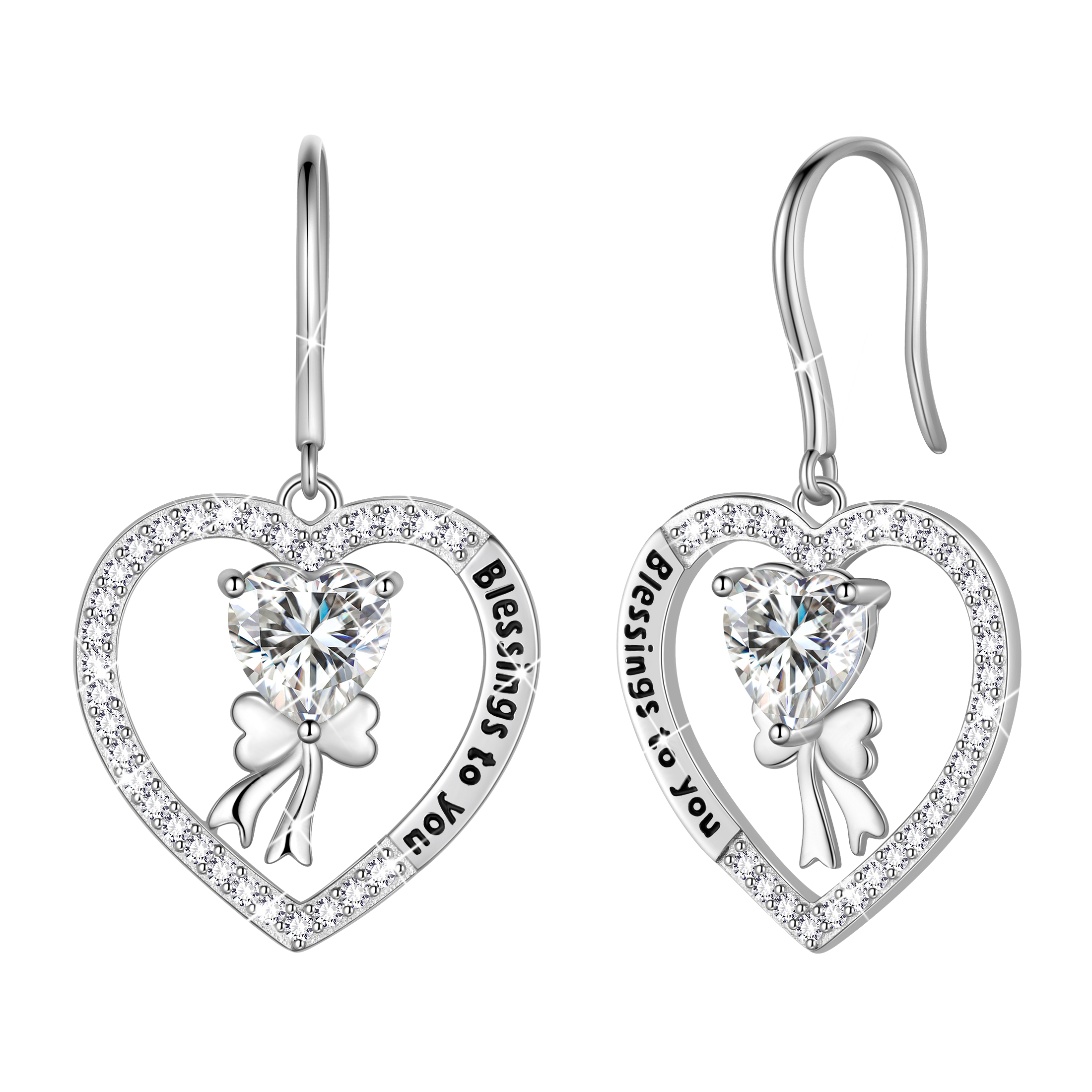 Fasjewly 925 Sterling Silver Heart Birthstone Hook Earrings, Bow Knot Crystal Dangle Christmas Birthday Anniversary Jewelry Gift for Women Mom
