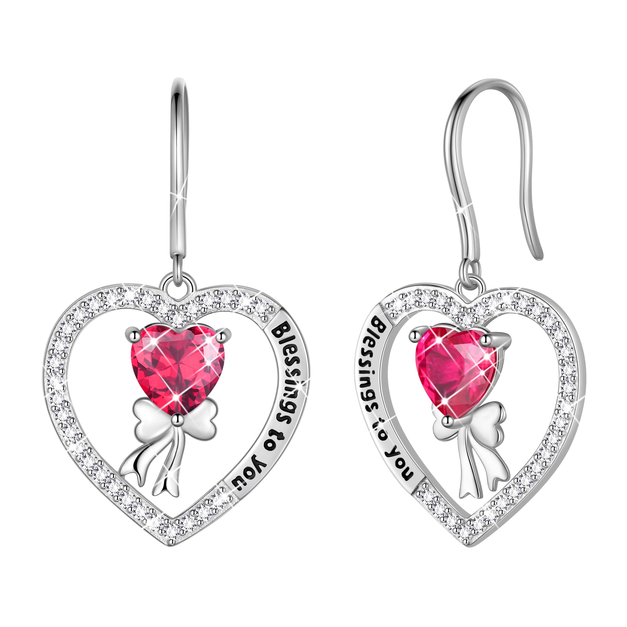 Fasjewly 925 Sterling Silver Heart Birthstone Hook Earrings, Bow Knot Crystal Dangle Christmas Birthday Anniversary Jewelry Gift for Women Mom