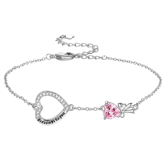 Fasjewly 925 Sterling Silver Heart Charm Bracelet, Bow Knot Crystal Birthstone Bracelets Jewelry Christmas Birthday Valentine's day Gift for Women/ Her /Mom