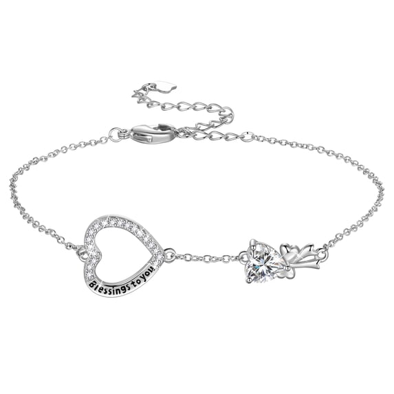 Fasjewly 925 Sterling Silver Heart Charm Bracelet, Bow Knot Crystal Birthstone Bracelets Jewelry Christmas Birthday Valentine's day Gift for Women/ Her /Mom