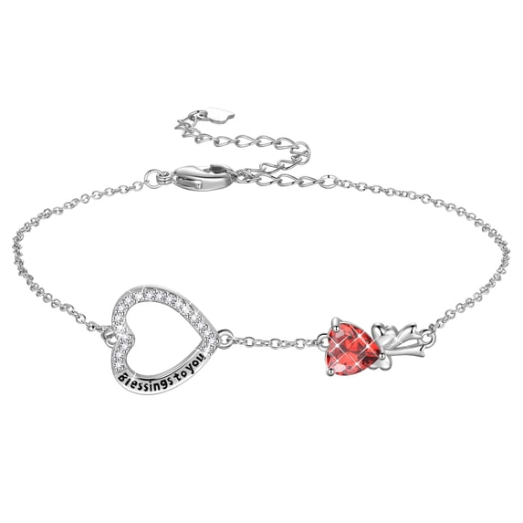 Fasjewly 925 Sterling Silver Heart Charm Bracelet, Bow Knot Crystal Birthstone Bracelets Jewelry Christmas Birthday Valentine's day Gift for Women/ Her /Mom