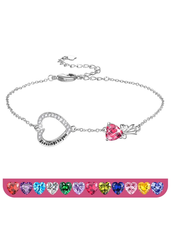 925 Sterling Silver Heart Charm Bracelet,Bow Knot Crystal Birthstone Bracelets Jewelry Christmas Birthday Valentine's day Gift for Women/ Her /Mom Stocking Stuffers Ideas