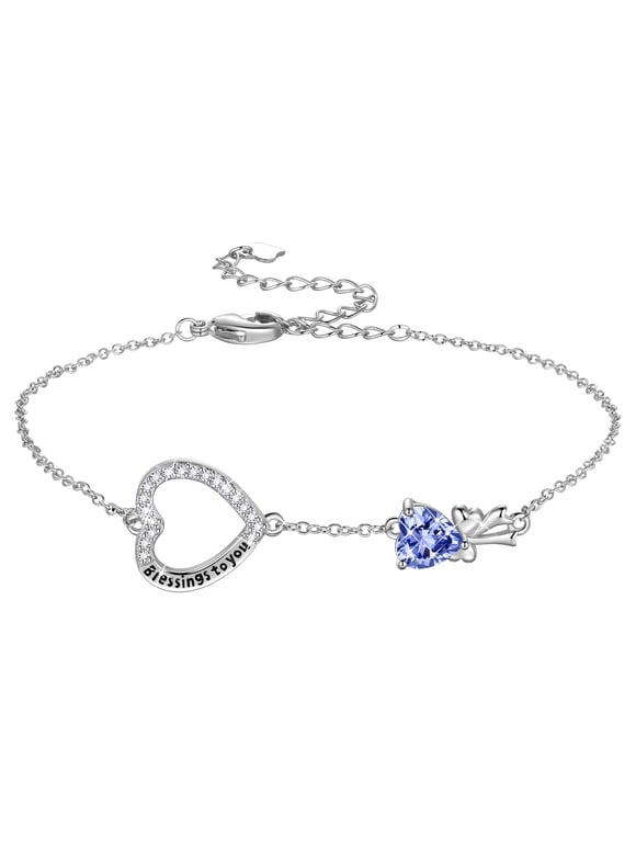 925 Sterling Silver Heart Charm Bracelet, Bow Knot Crystal Birthstone Bracelets Jewelry Christmas Birthday Valentine's day Gift for Women/ Her /Mom