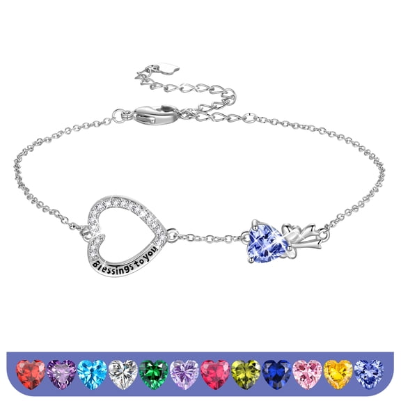 Fasjewly 925 Sterling Silver Heart Charm Bracelet,Bow Knot Crystal Birthstone Bracelets Jewelry Christmas Birthday Valentine's day Gift for Women/ Her /Mom Stocking Stuffers Ideas