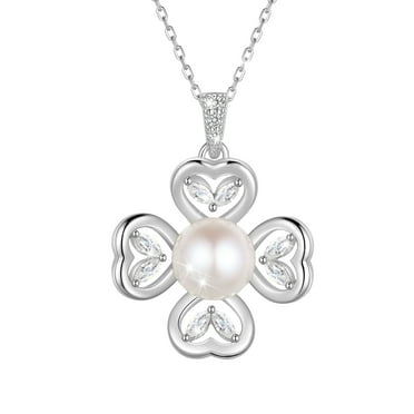 Fasjewly 925 Sterling Silver Heart Clover Pearl Necklace, Natural 7mm Pearl Pendant Jewelry Gift for Women, Birthday Anniversary Christmas Gift for Mom/Wife