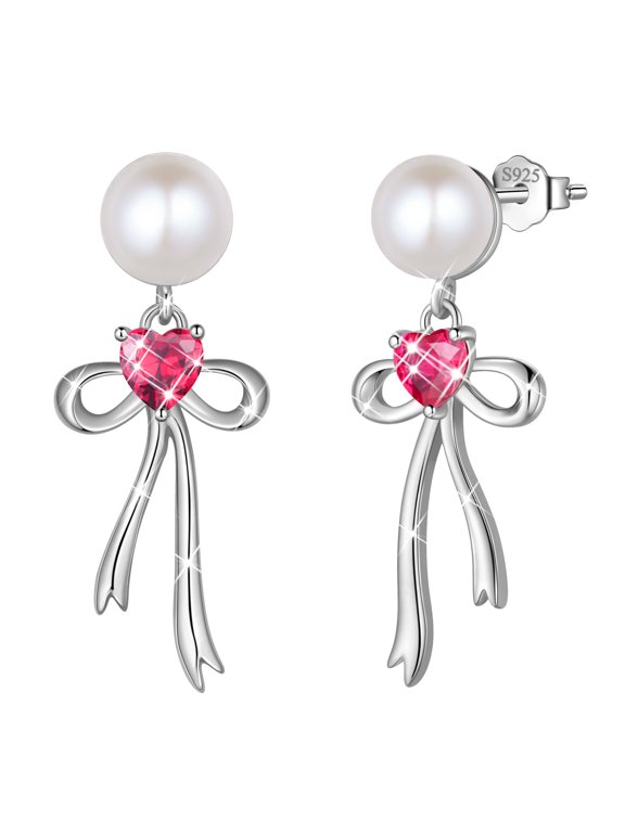 925 Sterling Silver July Ruby Birthstone Earrings for Women, Pearl Bow Dangle Stud Earrings, Birthday Jewelry Gift for Her,Mom,Daughter