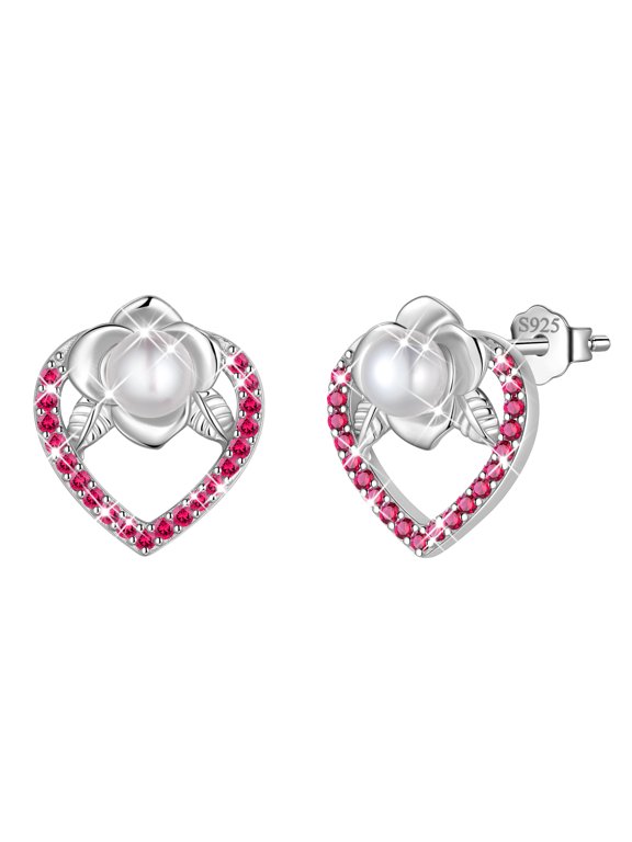 925 Sterling Silver July Ruby Birthstone Earrings for Women, Pearl Bow Dangle Stud Earrings, Birthday Jewelry Gift for Her,Mom,Daughter