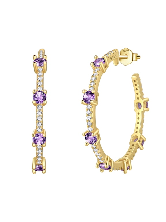Birthstone Hoop Earrings,14k Gold Plated 925 Sterling Silver Earrings Studs Cubic Zirconia Jewelry Gifts for Women-February