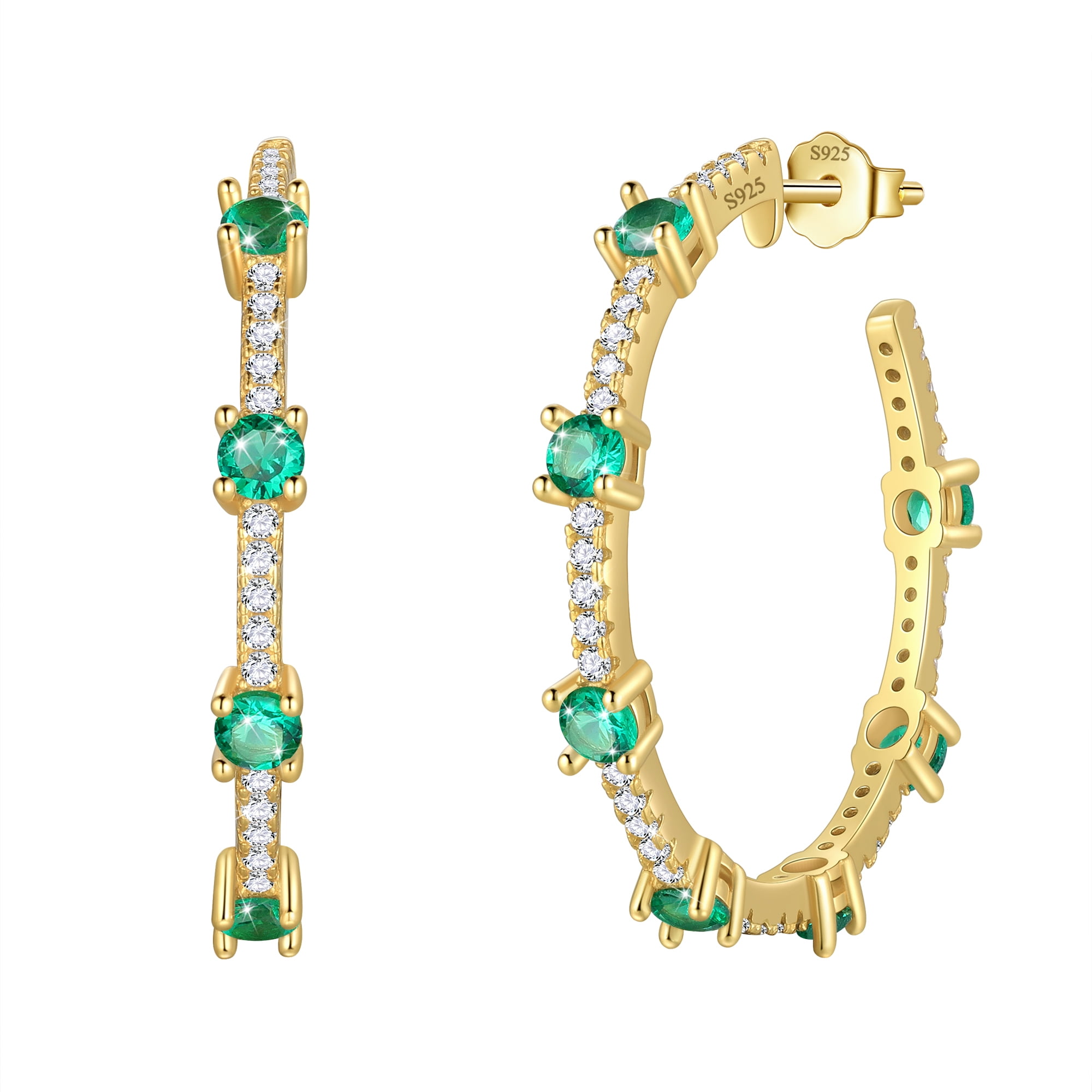 Fasjewly Birthstone Hoop Earrings,14k Gold Plated 925 Sterling Silver Earrings Studs Cubic Zirconia Jewelry Gifts for Women-May