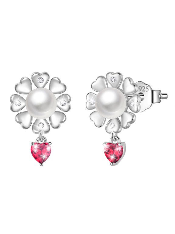 Flower Natural Pearl Earrings,925 Sterling Silver Heart Birthstone Stud Earrings Birthday Anniversary Christmas Jewelry Gifts for Women / Wife / Lovers