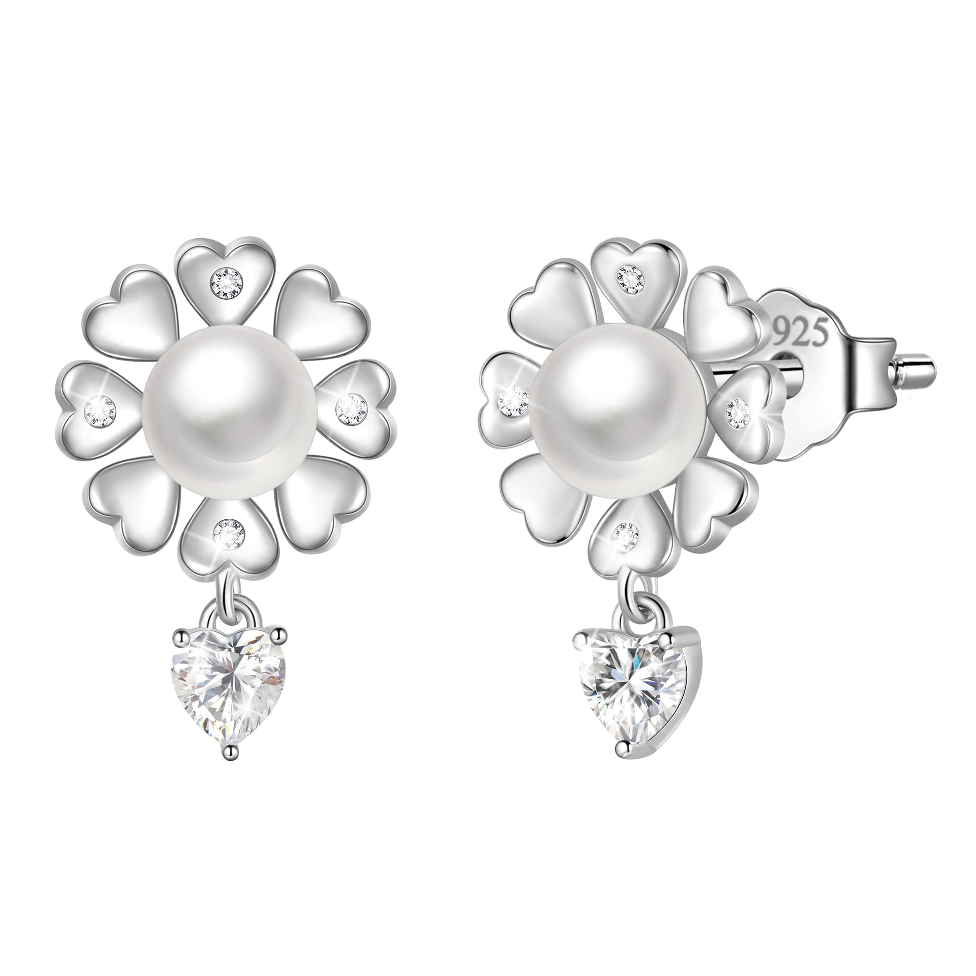 Fasjewly Flower Natural Pearl Earrings,925 Sterling Silver Heart Birthstone Stud Earrings Birthday Anniversary Christmas Jewelry Gifts for Women / Wife / Lovers