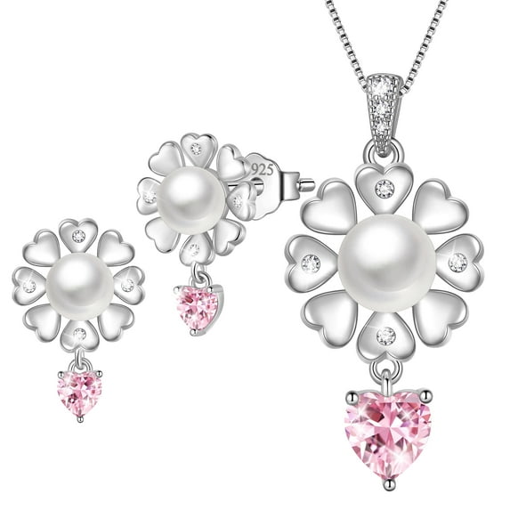 Fasjewly Flower Natural Pearl Jewelry Set,925 Sterling Silver Heart Birthstone Necklace and Stud Earrings Set Birthday Anniversary Christmas Jewelry Gifts for Women / Wife / Lovers