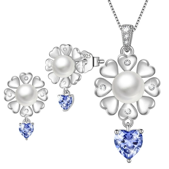 Fasjewly Flower Natural Pearl Jewelry Set,925 Sterling Silver Heart Birthstone Necklace and Stud Earrings Set Birthday Anniversary Christmas Jewelry Gifts for Women / Wife / Lovers