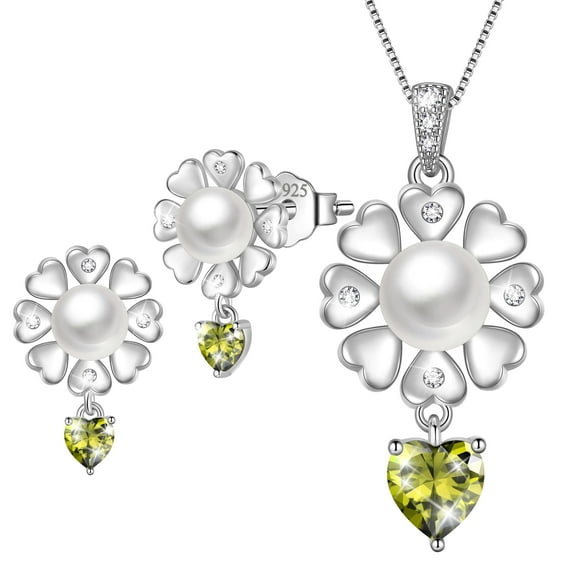 Fasjewly Flower Natural Pearl Jewelry Set,925 Sterling Silver Heart Birthstone Necklace and Stud Earrings Set Birthday Anniversary Christmas Jewelry Gifts for Women / Wife / Lovers