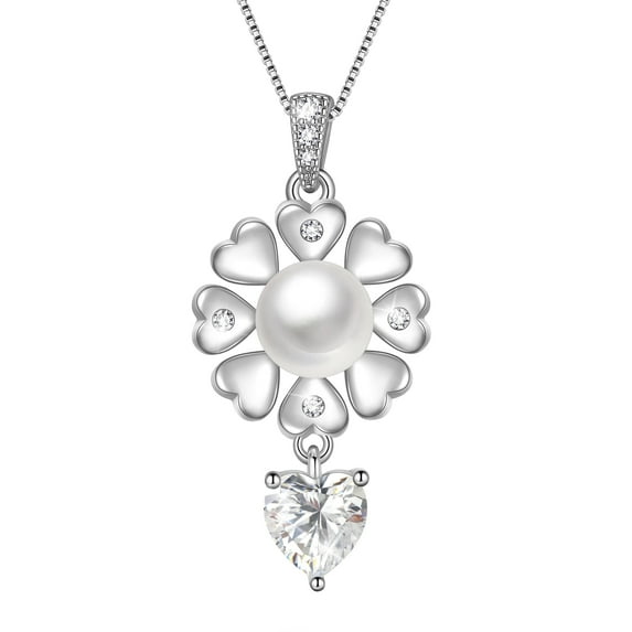 Fasjewly Flower Natural Pearl Necklace,925 Sterling Silver Heart Birthstone Pendant Necklace Birthday Anniversary Christmas Jewelry Gifts for Women / Wife / Lovers