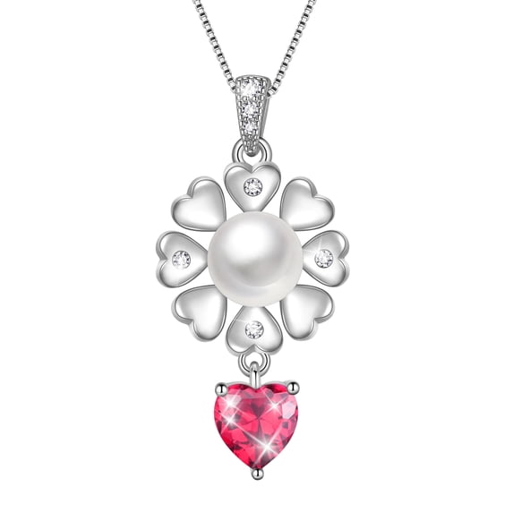 Fasjewly Flower Natural Pearl Necklace,925 Sterling Silver Heart Birthstone Pendant Necklace Birthday Anniversary Christmas Jewelry Gifts for Women / Wife / Lovers