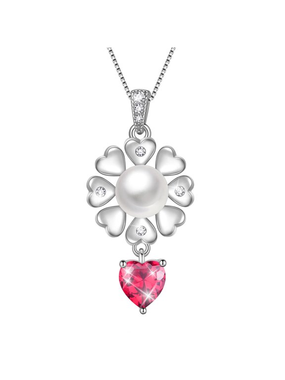 Flower Natural Pearl Necklace,925 Sterling Silver Heart Birthstone Pendant Necklace Birthday Anniversary Christmas Jewelry Gifts for Women / Wife / Lovers