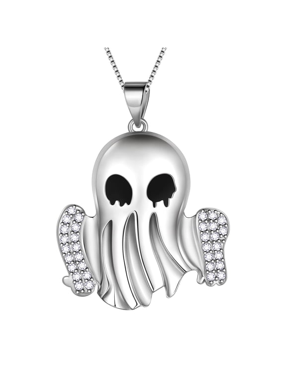 Halloween Spooky Ghost Pendant Necklace,Silver Plated Cute Ghost Halloween Necklace Cosplay Party Jewerlry Gifts for Women Men