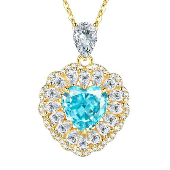 Fasjewly Heart Pendant Necklace,14k Gold Plated 925 Sterling Silver AAAAA Cz Aquamarine Love Heart Birthstone Necklace Fine Jewelry Gifts for Women