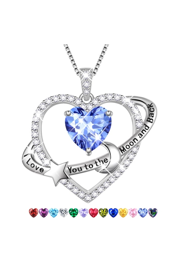 I Love You to The Moon and Back Necklace,S925 Sterling Silver Heart Birthstone Necklace, Moon and Star Pendant Necklace Christmas Birthday Anniversary Jewelry Gifts for Women / Wife /Mom