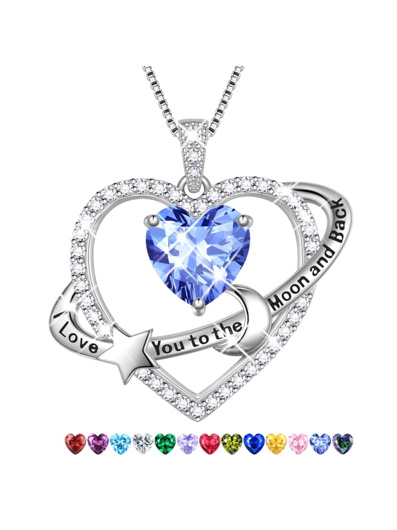 I Love You to The Moon and Back Necklace,S925 Sterling Silver Heart Birthstone Necklace, Moon and Star Pendant Necklace Christmas Birthday Anniversary Jewelry Gifts for Women / Wife /Mom