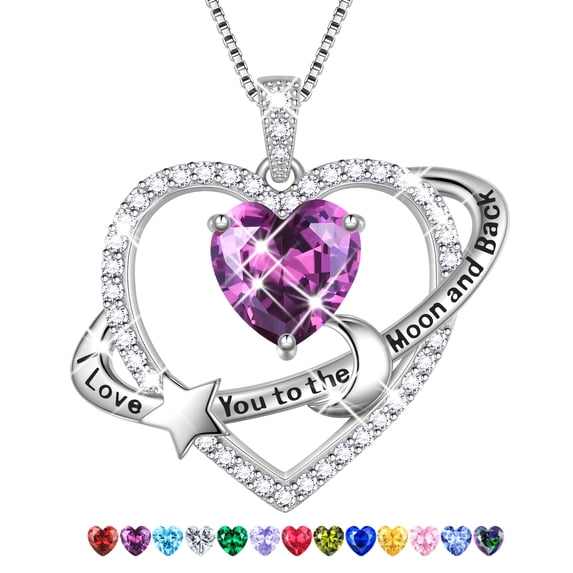 Fasjewly I Love You to The Moon and Back Necklace,S925 Sterling Silver Heart Birthstone Necklace, Moon and Star Pendant Necklace Christmas Birthday Anniversary Jewelry Gifts for Women / Wife /Mom