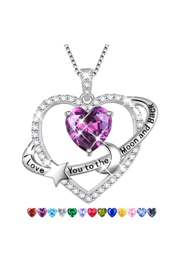 I Love You to The Moon and Back Necklace,S925 Sterling Silver Heart Birthstone Necklace, Moon and Star Pendant Necklace Christmas Birthday Anniversary Jewelry Gifts for Women / Wife /Mom