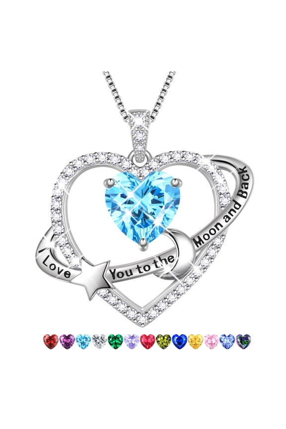 I Love You to The Moon and Back Necklace,S925 Sterling Silver Heart Birthstone Necklace, Moon and Star Pendant Necklace Christmas Birthday Anniversary Jewelry Gifts for Women / Wife /Mom