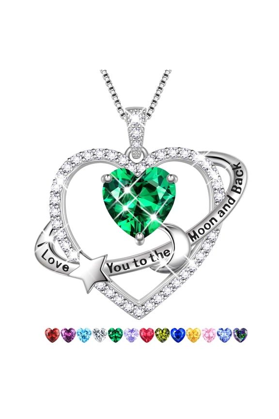 I Love You to The Moon and Back Necklace,S925 Sterling Silver Heart Birthstone Necklace, Moon and Star Pendant Necklace Christmas Birthday Anniversary Jewelry Gifts for Women / Wife /Mom