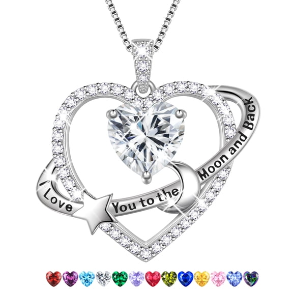 Fasjewly I Love You to The Moon and Back Necklace,S925 Sterling Silver Heart Birthstone Necklace, Moon and Star Pendant Necklace Christmas Birthday Anniversary Jewelry Gifts for Women / Wife /Mom
