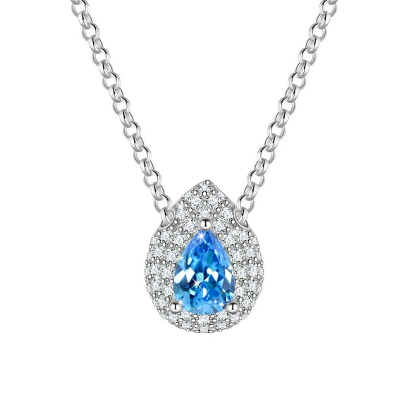 Fasjewly March Aquamarine Teardrop Birthstone Pendant Necklace Sterling Silver CZ Necklace Jewelry Gift for Women