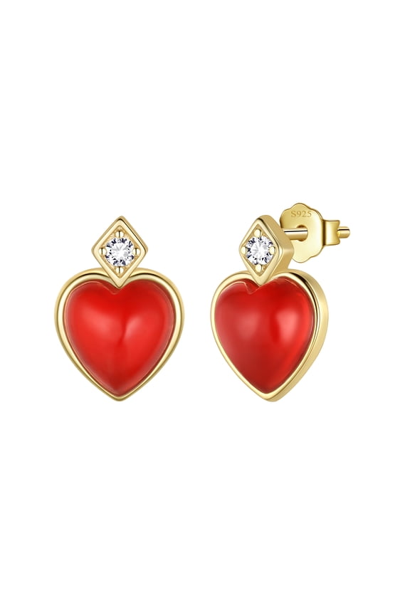 S925 Red Heart Earrings,Sterling Silver Plated Yellow Gold Carnelian Earrings Studs Jewelry Gifts for Women Her